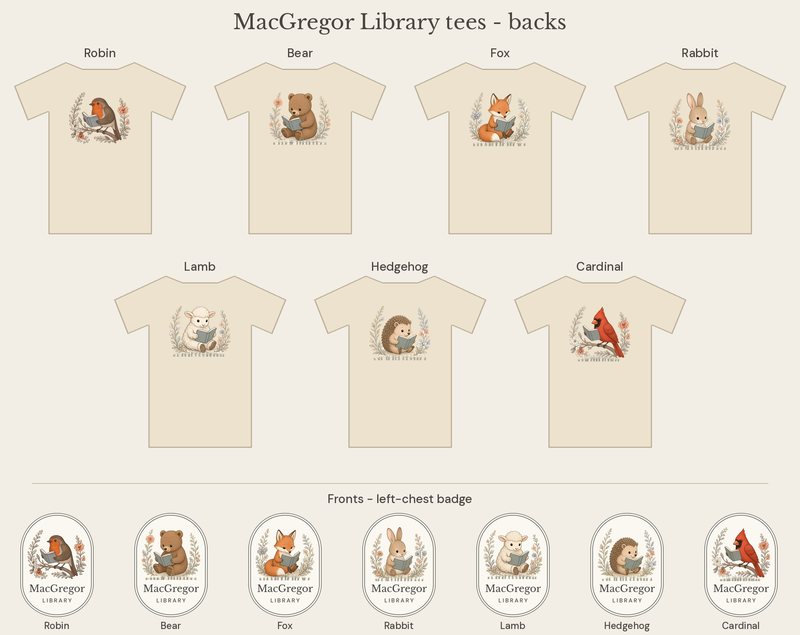 The MacGregor Library shirt collection: seven light cream shirts, each with a storybook animal reading on the back, and the oval chest badges below