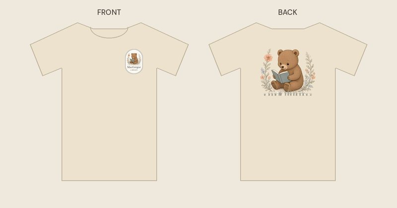 Bear shirt in cream, front and back: a small oval MacGregor Library badge with the bear on the left chest, and the full bear reading a book on the back