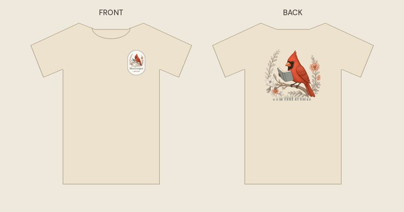 Cardinal shirt in cream, front and back: a small oval MacGregor Library badge with the cardinal on the left chest, and the full cardinal reading a book on the back