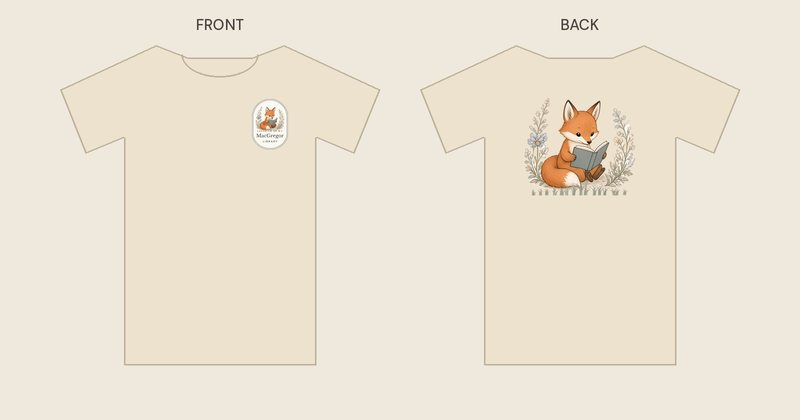 Fox shirt in cream, front and back: a small oval MacGregor Library badge with the fox on the left chest, and the full fox reading a book on the back