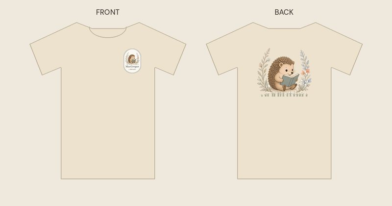 Hedgehog shirt in cream, front and back: a small oval MacGregor Library badge with the hedgehog on the left chest, and the full hedgehog reading a book on the back