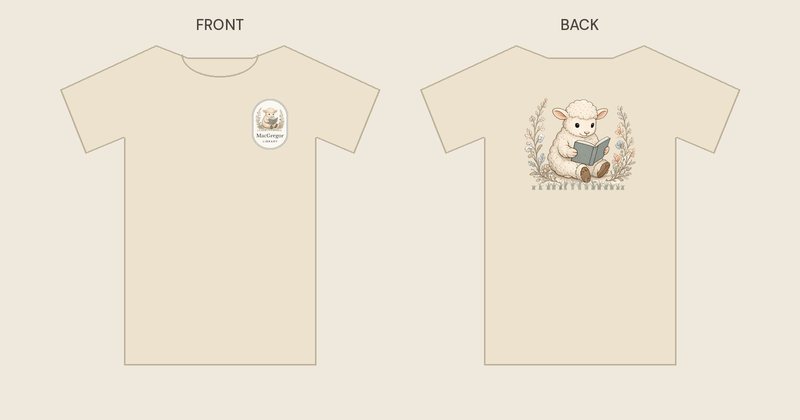 Lamb shirt in cream, front and back: a small oval MacGregor Library badge with the lamb on the left chest, and the full lamb reading a book on the back
