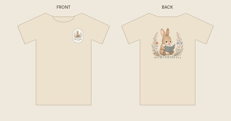 Rabbit shirt in cream, front and back: a small oval MacGregor Library badge with the rabbit on the left chest, and the full rabbit reading a book on the back
