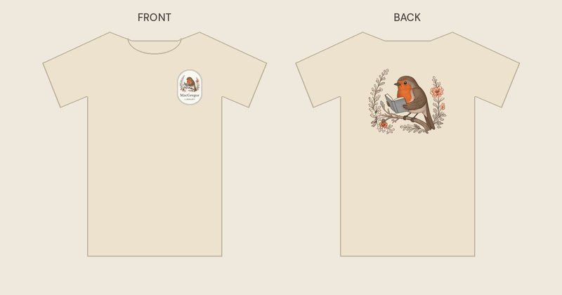 Robin shirt in cream, front and back: a small oval MacGregor Library badge with the robin on the left chest, and the full robin reading a book on the back